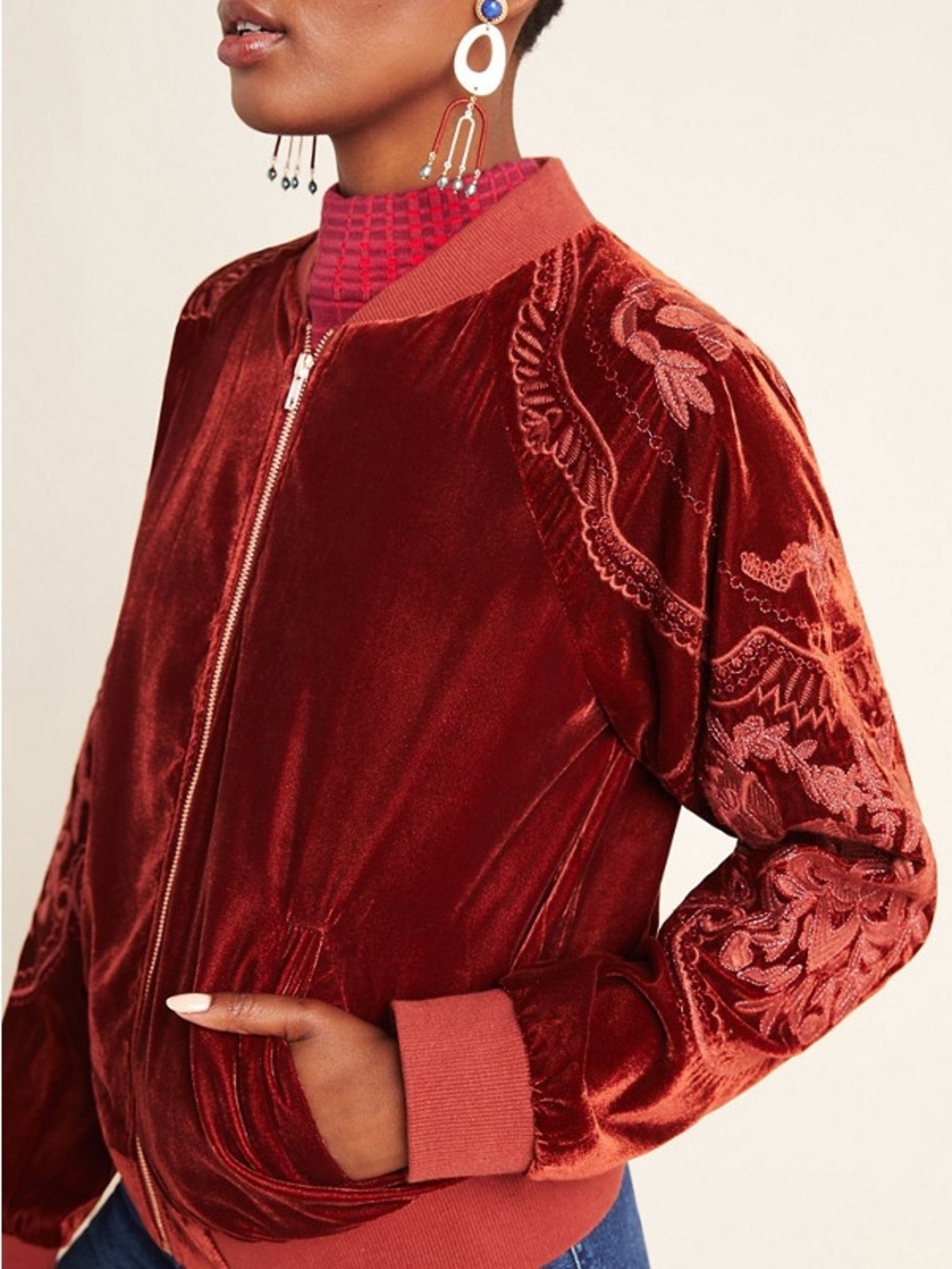 Skies Are Blue Embroidered Velvet Bomber Jacket - Deep Red